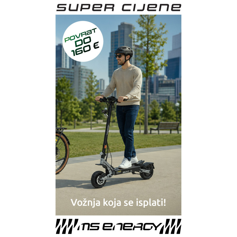 Električni romobil MS ENERGY Mentor, autonomija do 60km, brzina 25km/h, kotači 10″, srebrni